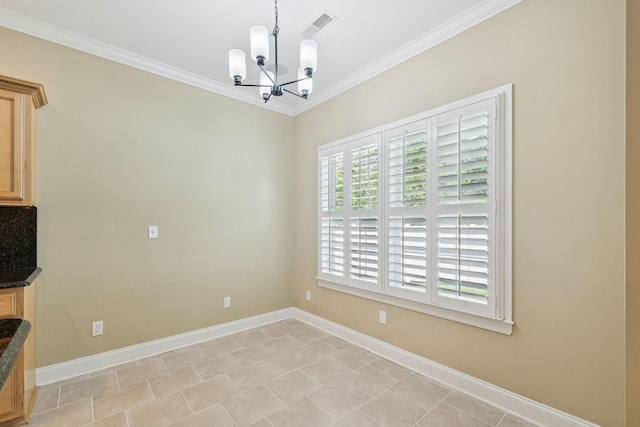 204 Magnolia Glen Ct, Manchester, TN 37355 - unfurnished dining area with a chandelier, ornamental molding, baseboards, and light tile patterned floors