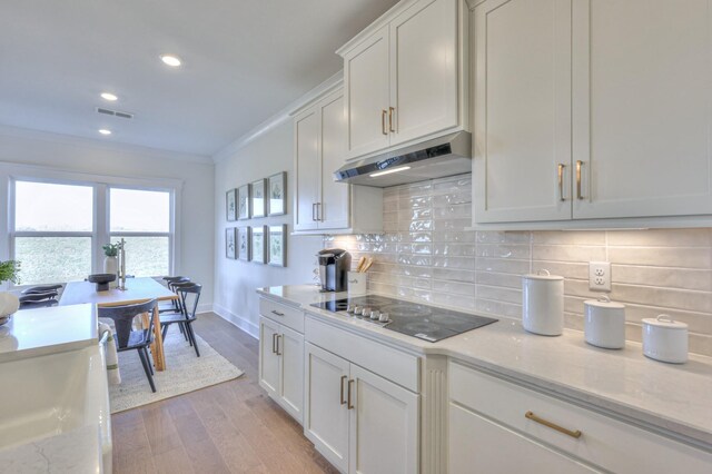 471 Triple Crown Cir, Gallatin, TN 37066 - kitchen with under cabinet range hood, black electric cooktop, crown molding, light wood-type flooring, and baseboards