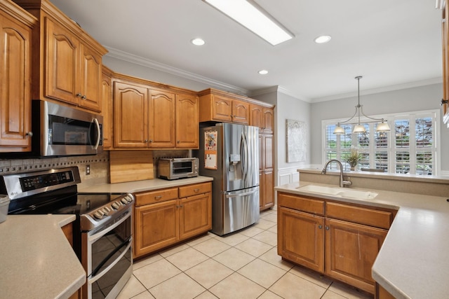 1926 Cliffview Ct, Murfreesboro, TN 37128 - kitchen featuring appliances with stainless steel finishes, a sink, light countertops, ornamental molding, and brown cabinetry