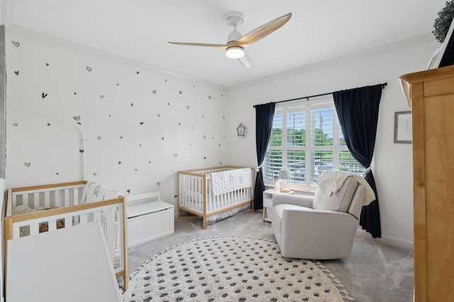 1926 Cliffview Ct, Murfreesboro, TN 37128 - bedroom featuring carpet floors, ornamental molding, a ceiling fan, and a crib