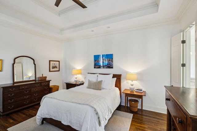 1577 Westhaven Blvd, Franklin, TN 37064 - bedroom with dark wood-style floors, a raised ceiling, crown molding, baseboards, and ceiling fan