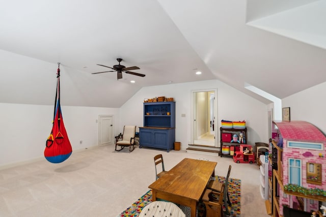 1577 Westhaven Blvd, Franklin, TN 37064 - recreation room with light carpet, lofted ceiling, ceiling fan, and recessed lighting