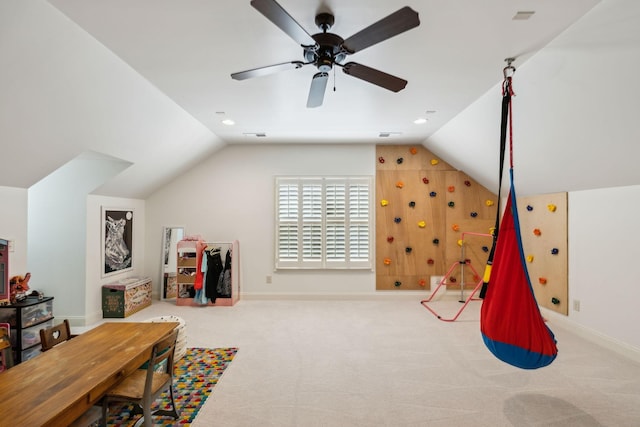 1577 Westhaven Blvd, Franklin, TN 37064 - game room featuring vaulted ceiling, ceiling fan, baseboards, and carpet floors
