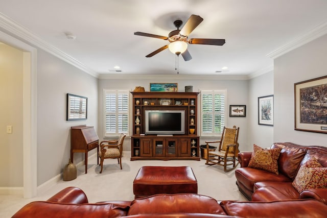 1577 Westhaven Blvd, Franklin, TN 37064 - living area featuring ceiling fan, crown molding, carpet, baseboards, and recessed lighting