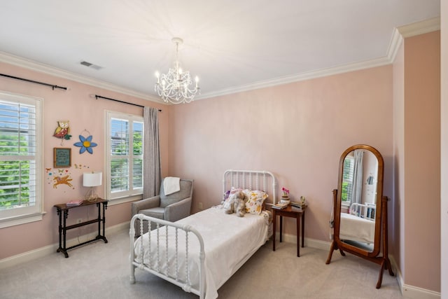 1577 Westhaven Blvd, Franklin, TN 37064 - bedroom featuring light colored carpet, a chandelier, ornamental molding, and baseboards