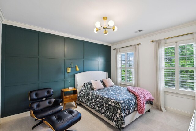 1577 Westhaven Blvd, Franklin, TN 37064 - carpeted bedroom featuring a chandelier, a decorative wall, ornamental molding, and baseboards