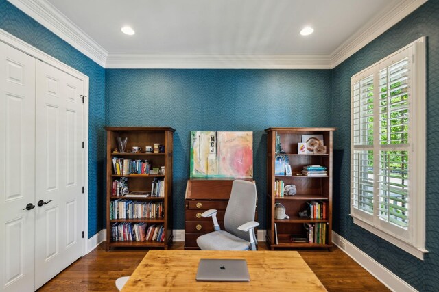 1577 Westhaven Blvd, Franklin, TN 37064 - office featuring crown molding, wood finished floors, baseboards, recessed lighting, and wallpapered walls