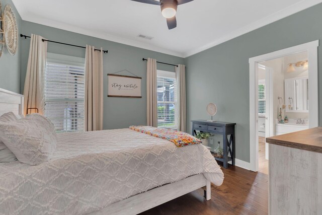 1240 Hensfield Dr, Murfreesboro, TN 37128 - bedroom with wood finished floors, baseboards, ceiling fan, ensuite bathroom, and ornamental molding