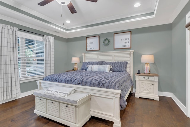1240 Hensfield Dr, Murfreesboro, TN 37128 - bedroom featuring a tray ceiling, dark wood-type flooring, crown molding, baseboards, and recessed lighting