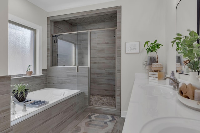 1240 Hensfield Dr, Murfreesboro, TN 37128 - bathroom featuring a shower stall, a bath, double vanity, and tile patterned floors