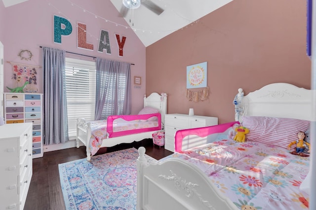 1240 Hensfield Dr, Murfreesboro, TN 37128 - bedroom with high vaulted ceiling, dark wood-type flooring, and a ceiling fan
