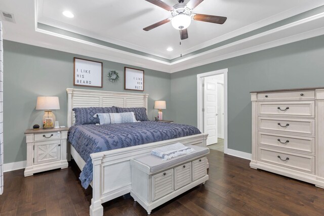 1240 Hensfield Dr, Murfreesboro, TN 37128 - bedroom featuring a tray ceiling, dark wood-type flooring, baseboards, recessed lighting, and crown molding