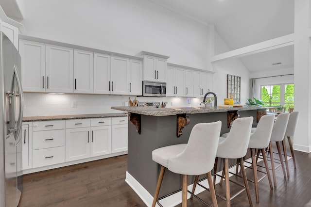 1240 Hensfield Dr, Murfreesboro, TN 37128 - kitchen with stainless steel appliances, high vaulted ceiling, dark wood-style floors, decorative backsplash, and white cabinets