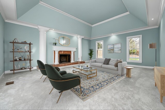 100 Carriage Way, Hendersonville, TN 37075 - living room featuring carpet floors, decorative columns, baseboards, and crown molding