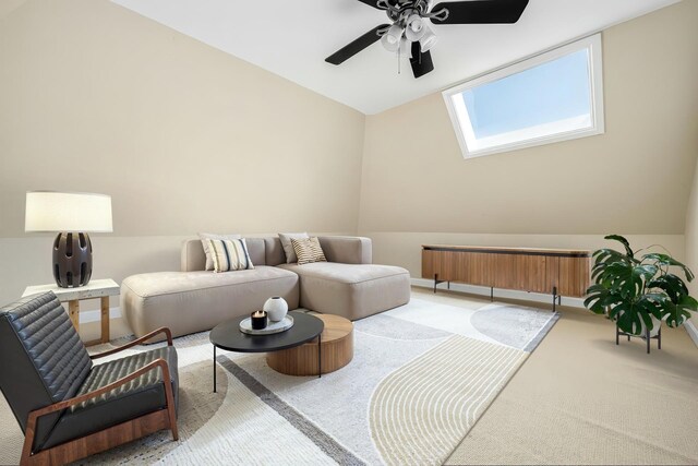 100 Carriage Way, Hendersonville, TN 37075 - living area with a ceiling fan, a skylight, light colored carpet, lofted ceiling, and baseboards