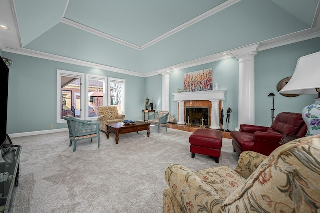 100 Carriage Way, Hendersonville, TN 37075 - carpeted living room with ornate columns, crown molding, a premium fireplace, and baseboards
