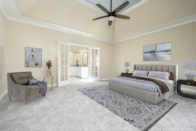 100 Carriage Way, Hendersonville, TN 37075 - bedroom featuring french doors, light colored carpet, high vaulted ceiling, baseboards, and crown molding