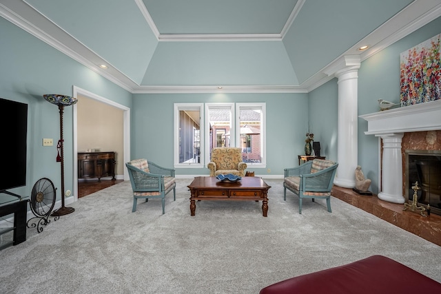100 Carriage Way, Hendersonville, TN 37075 - living room with crown molding, decorative columns, carpet flooring, a high end fireplace, and baseboards