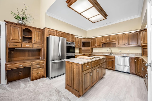 100 Carriage Way, Hendersonville, TN 37075 - kitchen with open shelves, appliances with stainless steel finishes, a sink, ornamental molding, and brown cabinets