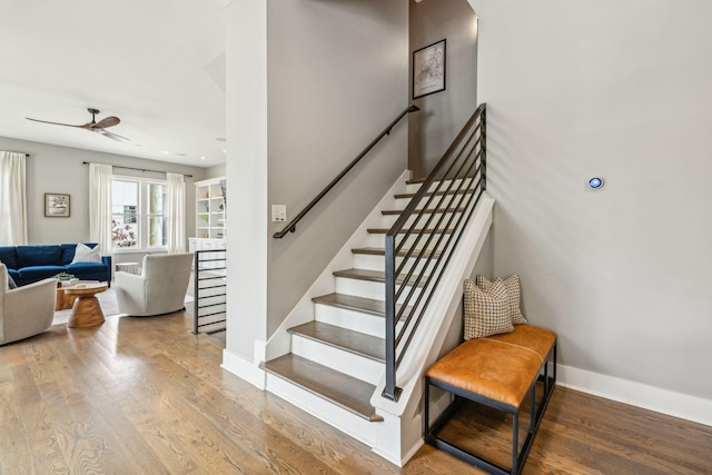 954 Russell St, Nashville, TN 37206 - stairway with wood finished floors, a ceiling fan, baseboards, and recessed lighting