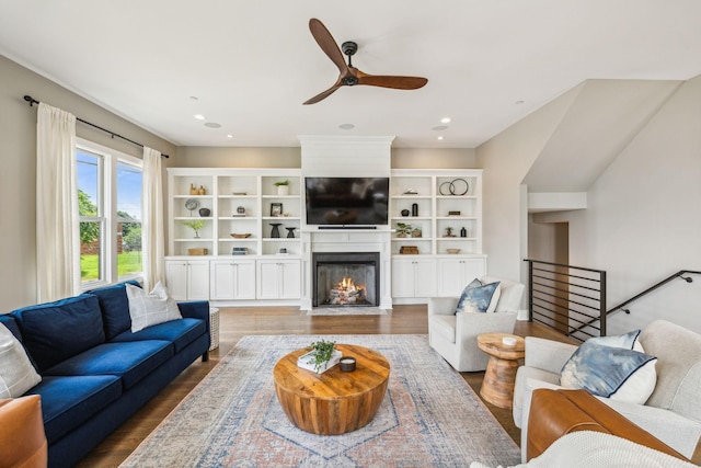 954 Russell St, Nashville, TN 37206 - living room featuring a ceiling fan, wood finished floors, a fireplace with flush hearth, and recessed lighting