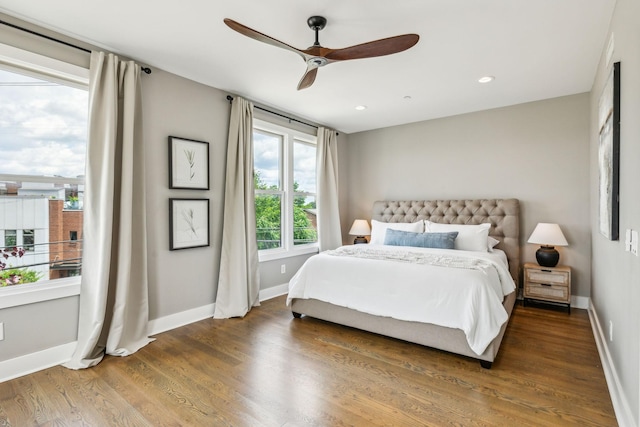 954 Russell St, Nashville, TN 37206 - bedroom with baseboards, wood finished floors, a ceiling fan, and recessed lighting
