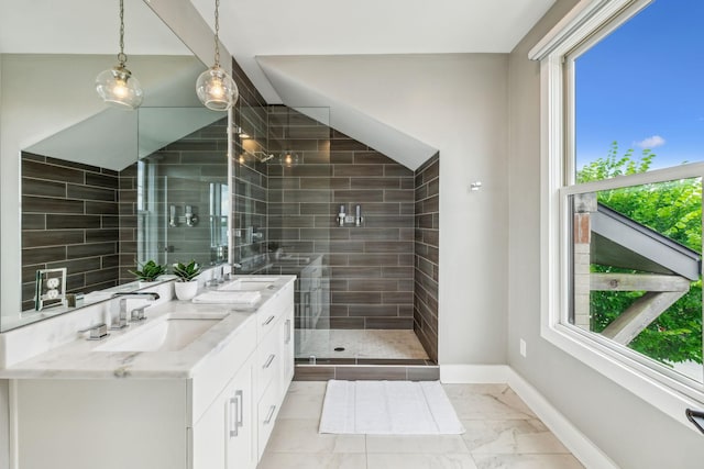 954 Russell St, Nashville, TN 37206 - full bath featuring double vanity, baseboards, marble finish flooring, and a shower stall