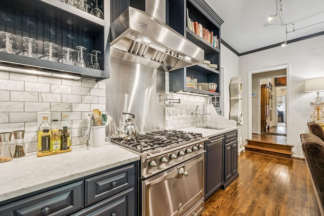 4235 Columbia Pike, Franklin, TN 37064 - kitchen featuring open shelves, stainless steel range, exhaust hood, a sink, and tasteful backsplash
