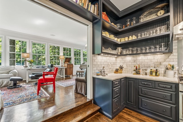 4235 Columbia Pike, Franklin, TN 37064 - bar area with dark wood-type flooring, decorative backsplash, and crown molding