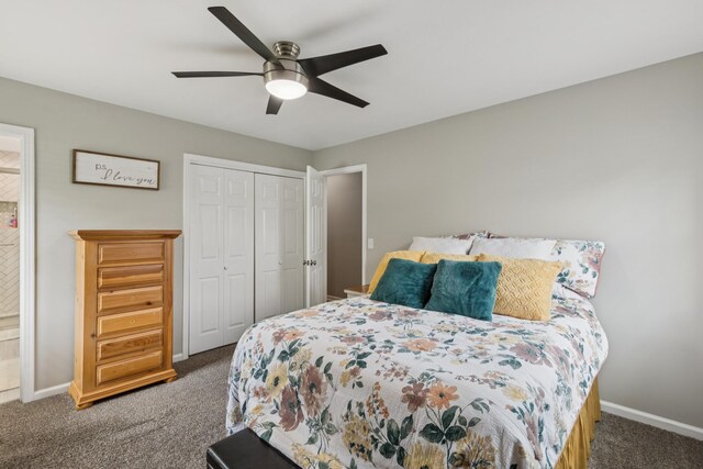 307 S Hummingbird Ln, Dickson, TN 37055 - carpeted bedroom featuring baseboards, a closet, and a ceiling fan