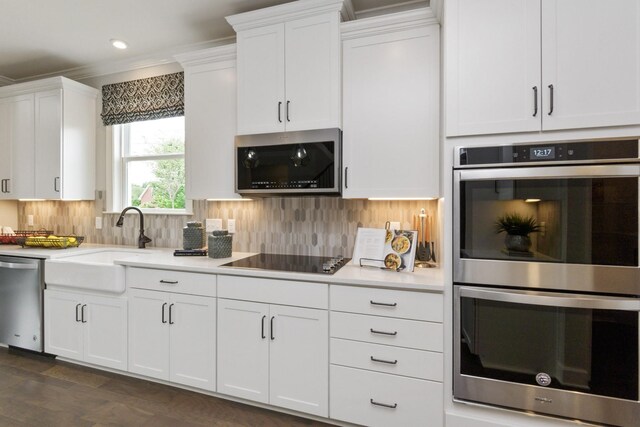215 S Dunnwood Ln, Mount Juliet, TN 37122 - kitchen featuring stainless steel appliances, a sink, white cabinetry, tasteful backsplash, and ornamental molding