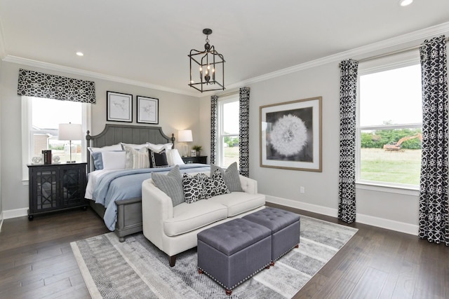 215 S Dunnwood Ln, Mount Juliet, TN 37122 - bedroom with multiple windows, a chandelier, baseboards, dark wood-type flooring, and crown molding