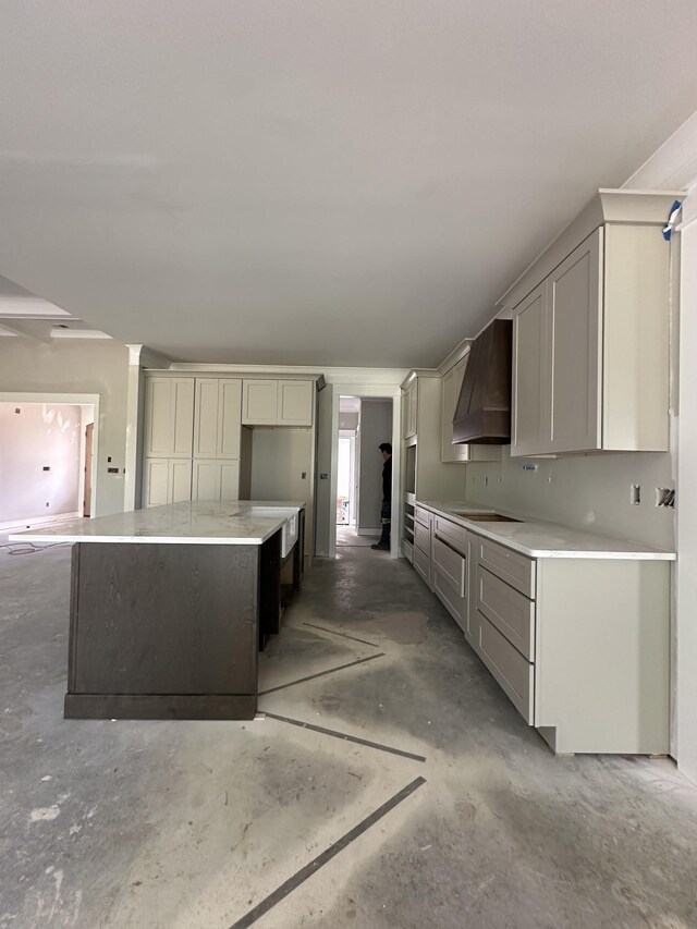 887 Ovoca Lake Rd, Tullahoma, TN 37388 - kitchen featuring custom exhaust hood, concrete flooring, and light countertops