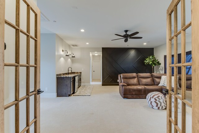 103 Maple St, Smyrna, TN 37167 - living area with french doors, light carpet, baseboards, recessed lighting, and a ceiling fan
