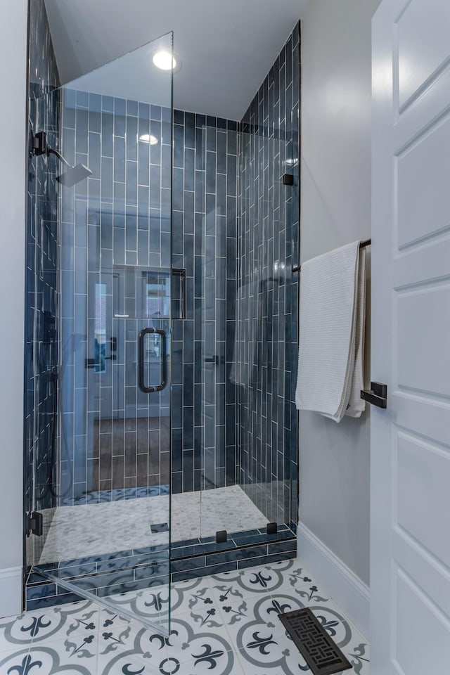 103 Maple St, Smyrna, TN 37167 - bathroom with a shower stall, tile patterned flooring, baseboards, and recessed lighting