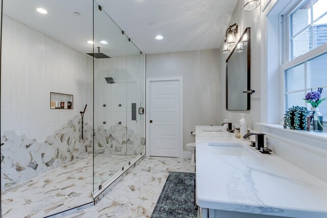 103 Maple St, Smyrna, TN 37167 - bathroom featuring a shower stall, double vanity, recessed lighting, toilet, and marble finish flooring