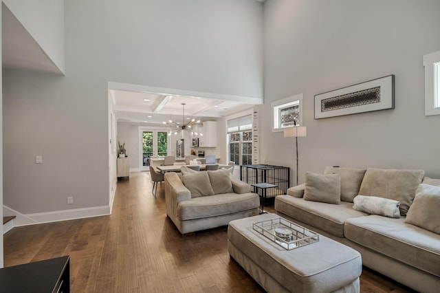 5124 Southfork Blvd, Old Hickory, TN 37138 - living room with a chandelier, dark wood-style flooring, baseboards, recessed lighting, and beam ceiling