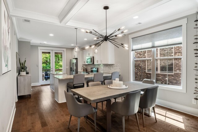 5124 Southfork Blvd, Old Hickory, TN 37138 - dining room featuring ornamental molding, a chandelier, beamed ceiling, baseboards, and dark wood-style flooring