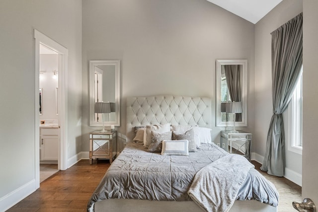 5124 Southfork Blvd, Old Hickory, TN 37138 - bedroom featuring wood finished floors, baseboards, high vaulted ceiling, and connected bathroom