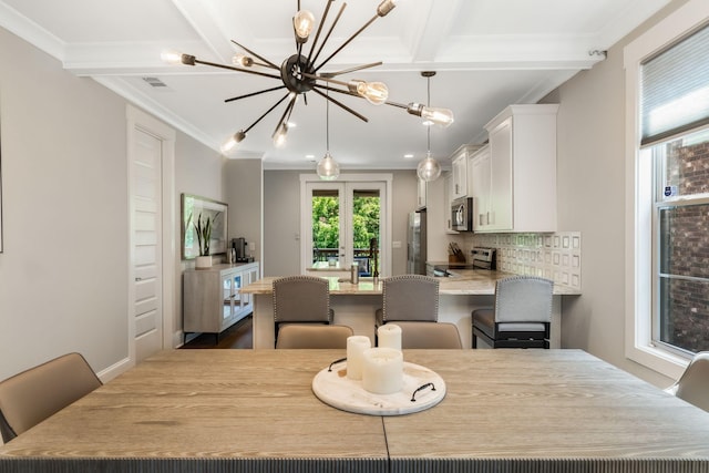 5124 Southfork Blvd, Old Hickory, TN 37138 - dining space featuring a chandelier, ornamental molding, beam ceiling, french doors, and coffered ceiling