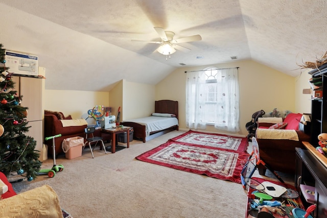 304 Baronswood Dr, Nolensville, TN 37135 - bedroom with lofted ceiling, carpet floors, a ceiling fan, and a textured ceiling