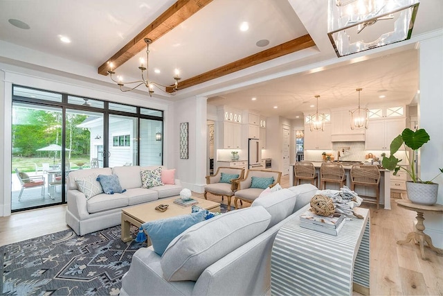 1 Old S Rd, Murfreesboro, TN 37128 - living area featuring a chandelier, light wood-style flooring, recessed lighting, and beamed ceiling