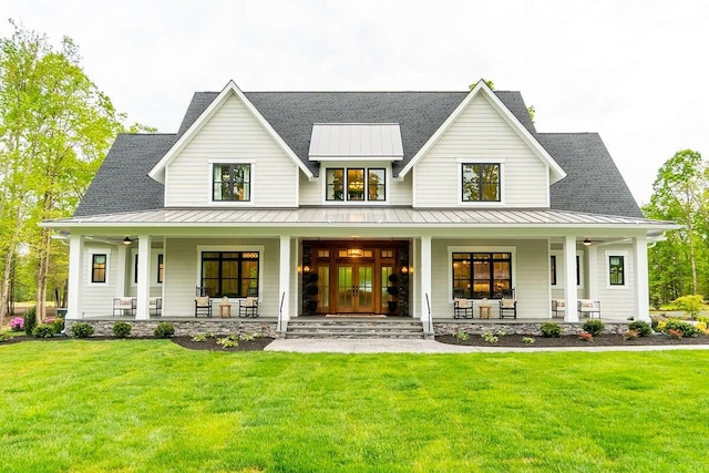 1 Old S Rd, Murfreesboro, TN 37128 - modern farmhouse style home featuring a porch, a standing seam roof, a shingled roof, and a front lawn