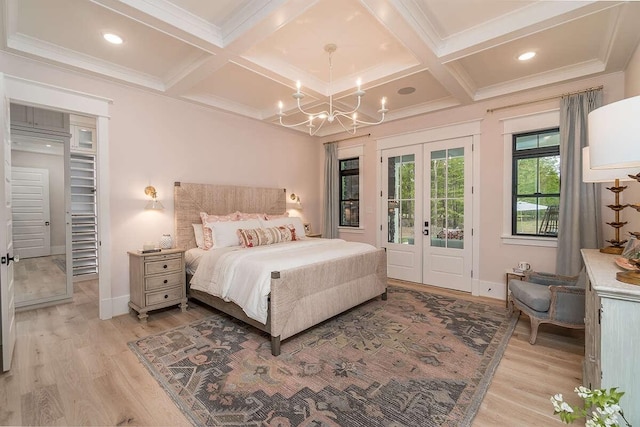 1 Old S Rd, Murfreesboro, TN 37128 - bedroom featuring access to outside, coffered ceiling, light wood-type flooring, french doors, and a chandelier
