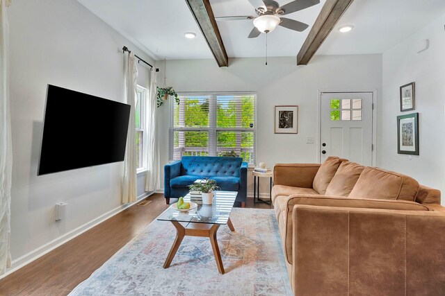 2639 Distillery Rd, Greenbrier, TN 37073 - living area featuring wood finished floors, beamed ceiling, ceiling fan, baseboards, and recessed lighting