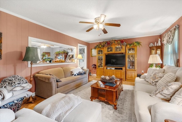 2890 Nance Bend Rd, Clifton, TN 38425 - living room with ceiling fan, wood finished floors, and crown molding