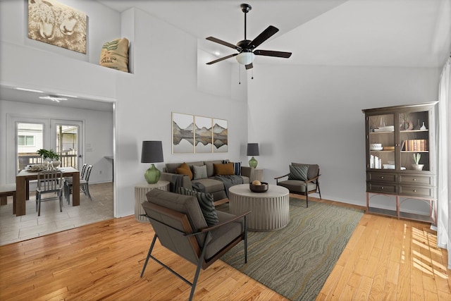 5009 Lanier Dr, Greenbrier, TN 37073 - living area featuring hardwood / wood-style flooring, a ceiling fan, and high vaulted ceiling