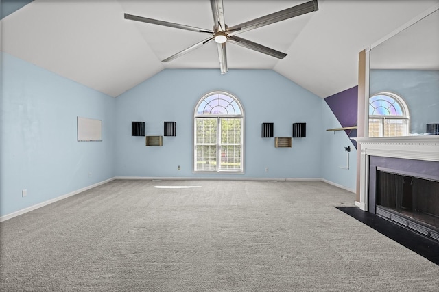 5009 Lanier Dr, Greenbrier, TN 37073 - unfurnished living room with carpet, lofted ceiling, ceiling fan, a fireplace with flush hearth, and baseboards