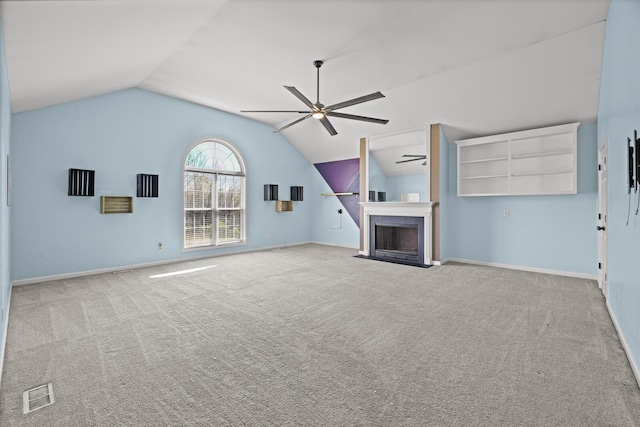 5009 Lanier Dr, Greenbrier, TN 37073 - unfurnished living room featuring lofted ceiling, ceiling fan, carpet, and a fireplace