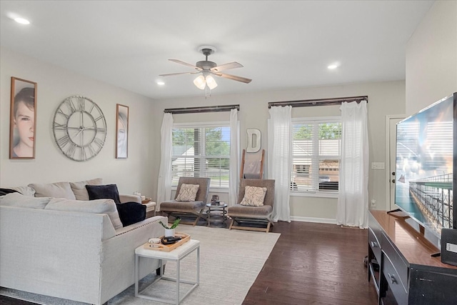 1020 Corey Dr, Lewisburg, TN 37091 - living room featuring ceiling fan, dark wood-type flooring, baseboards, and recessed lighting